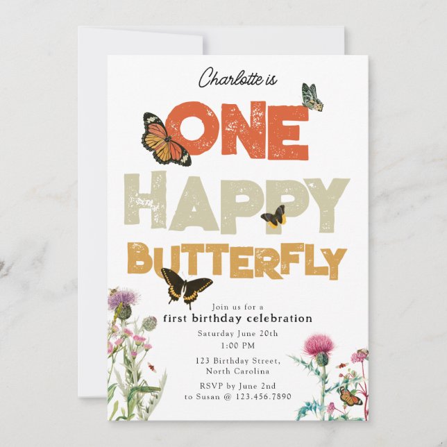 Convite One Happy Butterfly Invite 1st Wildflower Birthday (Frente)