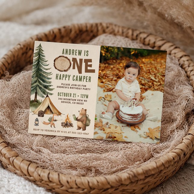 Convite One Happy Camper 1st Birthday Invitation Photo (Criador carregado)