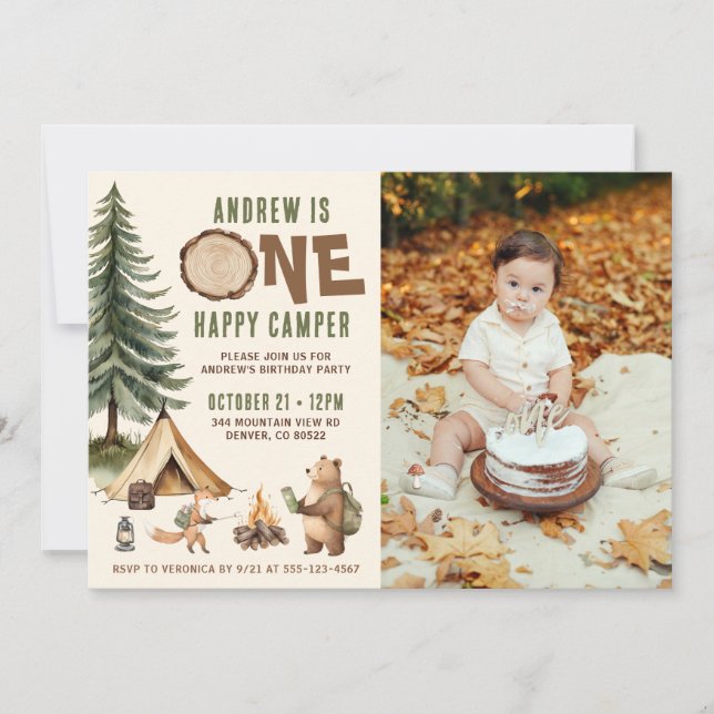 Convite One Happy Camper 1st Birthday Invitation Photo (Frente)