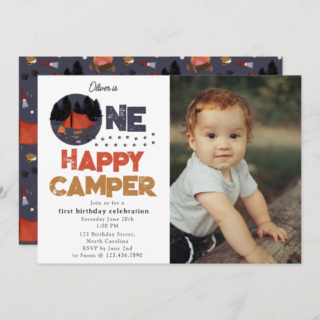 Convite One Happy Camper 1st Summer Birthday Photo (Frente/Verso)