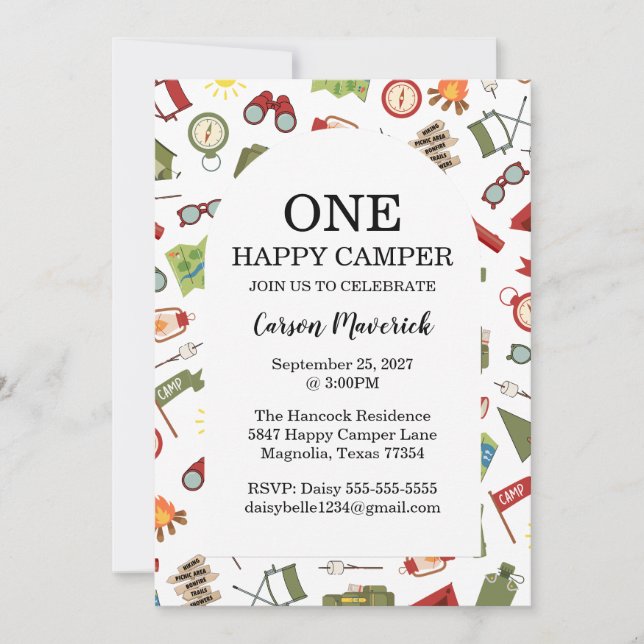 Convite One Happy Camper Adventure Birthday (Frente)