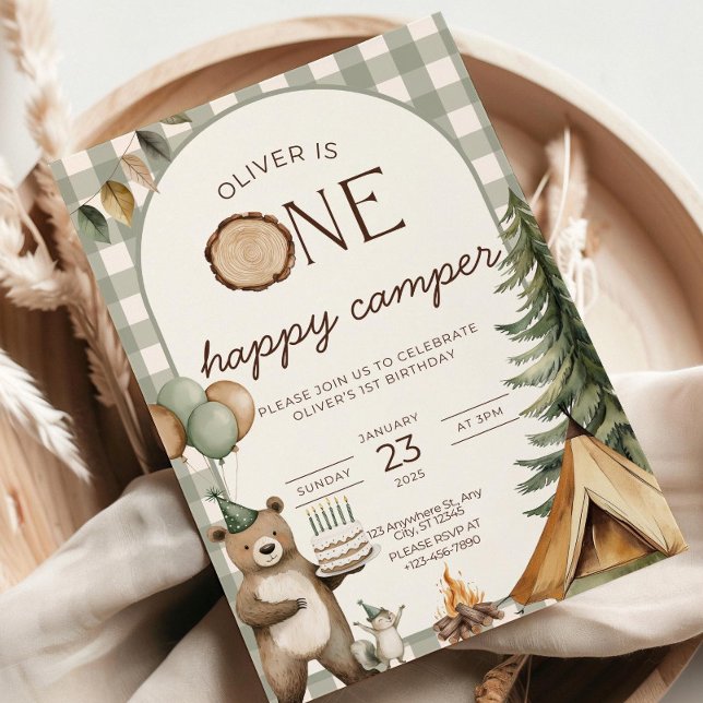 Convite One Happy Camper Birthday Invitation Camping 1st  (Criador carregado)
