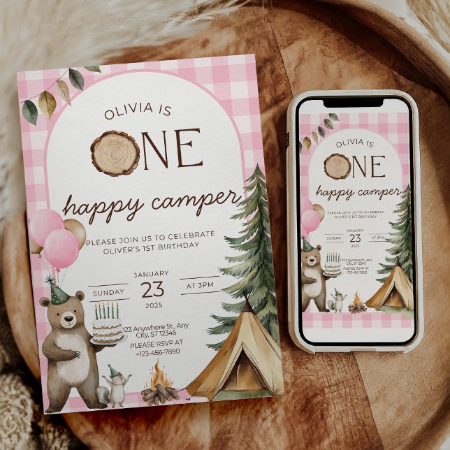 Convite One Happy Camper Birthday Invitation Camping 1st  (Criador carregado)
