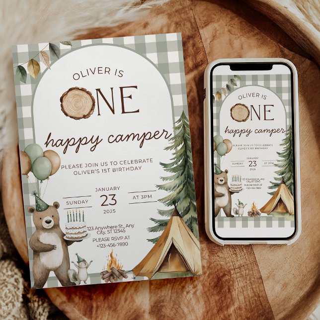 Convite One Happy Camper Birthday Invitation Camping 1st  (Criador carregado)