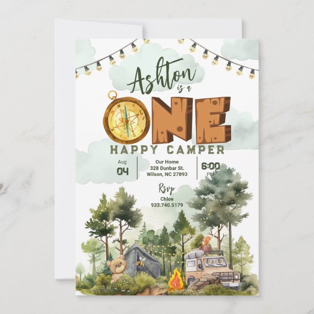 Convite One Happy Camper First Birthday Invitation (Frente)