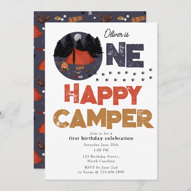 Convite One Happy Camper Invite 1st Summer Birthday (Frente/Verso)
