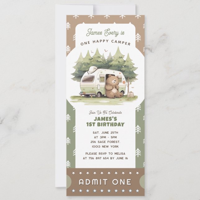 Convite One Happy Camper Ticket Admit One (Frente)