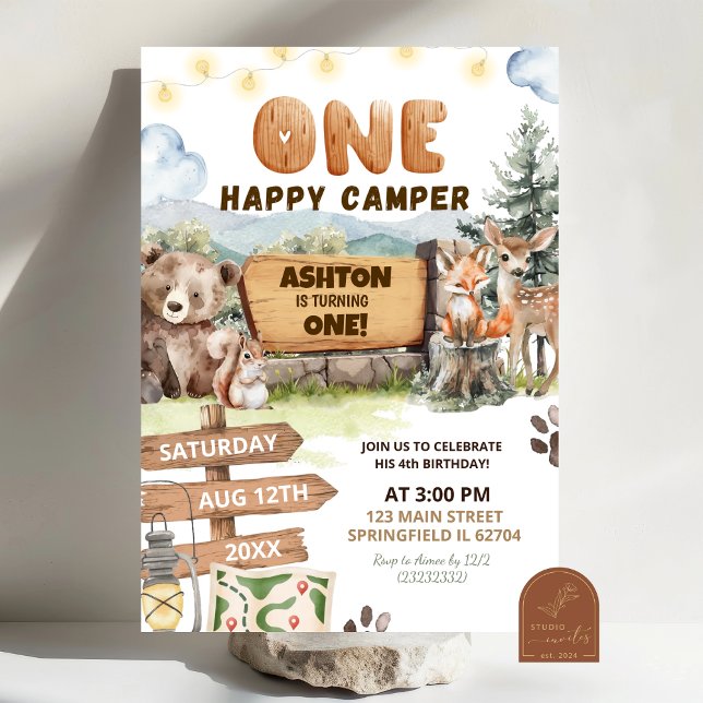 Convite One Happy Camper Woodlands First Birthday (Criador carregado)