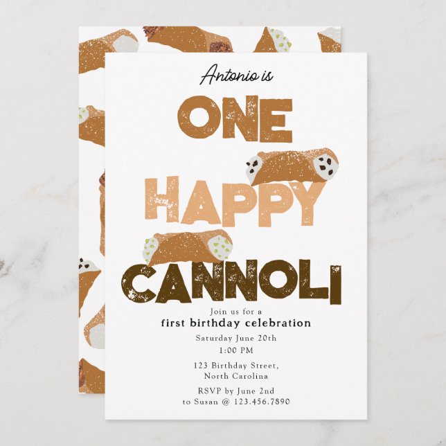 Convite One Happy Cannoli Invite 1st  First Birthday Cute (Frente/Verso)