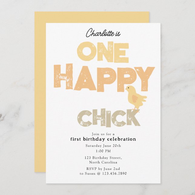 Convite One Happy Chick Invite 1st Baby Chicken Birthday (Frente/Verso)