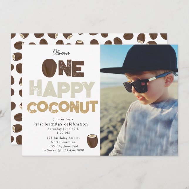 Convite One Happy Coconut 1st Summer Birthday Photo (Frente/Verso)