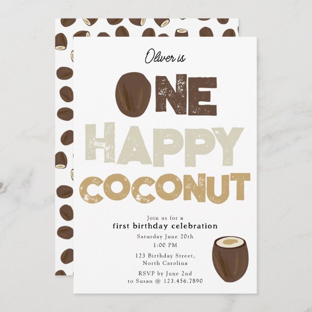 Convite One Happy Coconut Invite 1st Summer Birthday (Frente/Verso)
