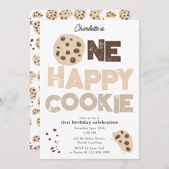 Convite One Happy Cookie Invite 1st  First Birthday Cute (Frente/Verso)