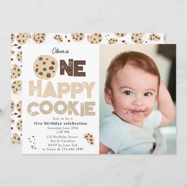 Convite One Happy Cookie Invite 1st  First Birthday Photo (Frente/Verso)