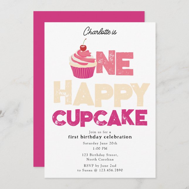 Convite One Happy Cupcake Invite 1st First Birthday Cute (Frente/Verso)