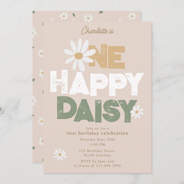 Convite One Happy Daisy Invite 1st  First Birthday Cute (Frente/Verso)
