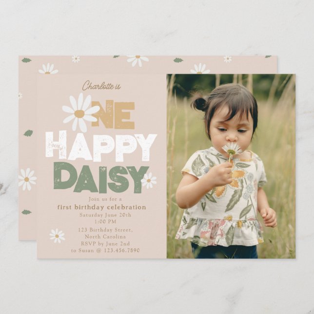 Convite One Happy Daisy Invite 1st  First Birthday Photo (Frente/Verso)