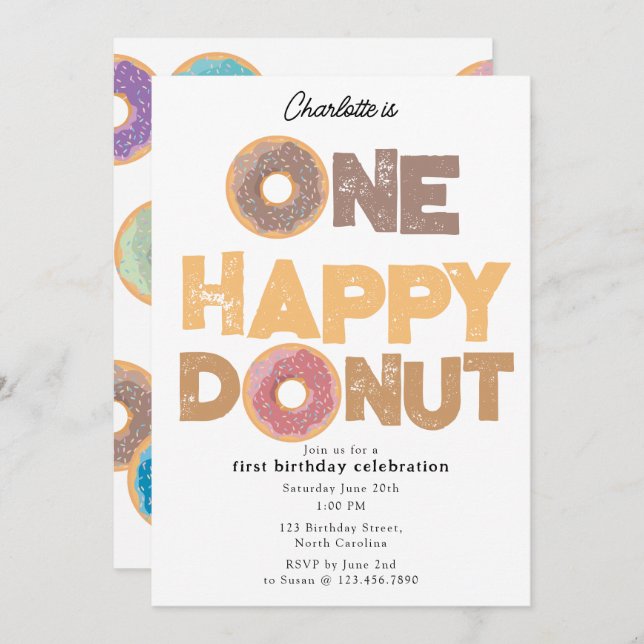 Convite One Happy Donut Invite 1st  First Birthday Cute (Frente/Verso)