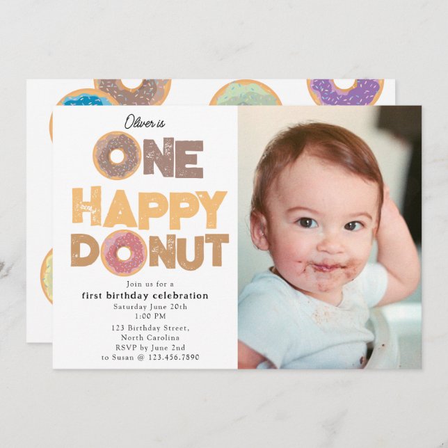 Convite One Happy Donut Invite 1st  First Birthday Photo (Frente/Verso)