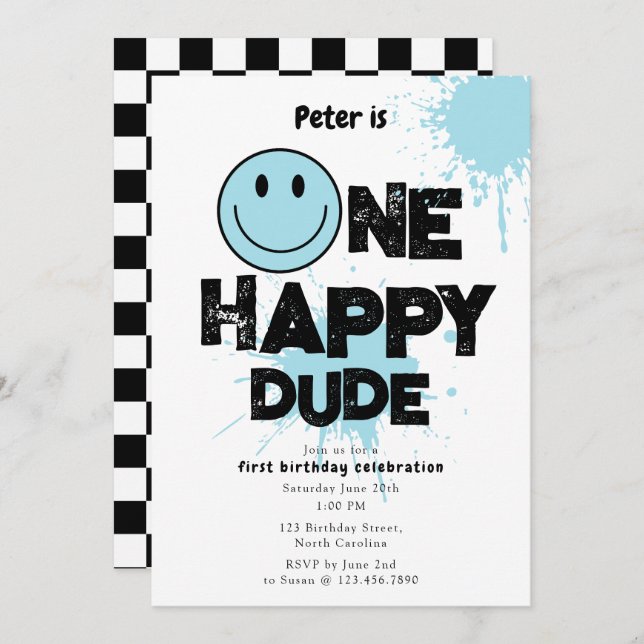 Convite One Happy Dude Invite 1st First Birthday Boy Blue (Frente/Verso)