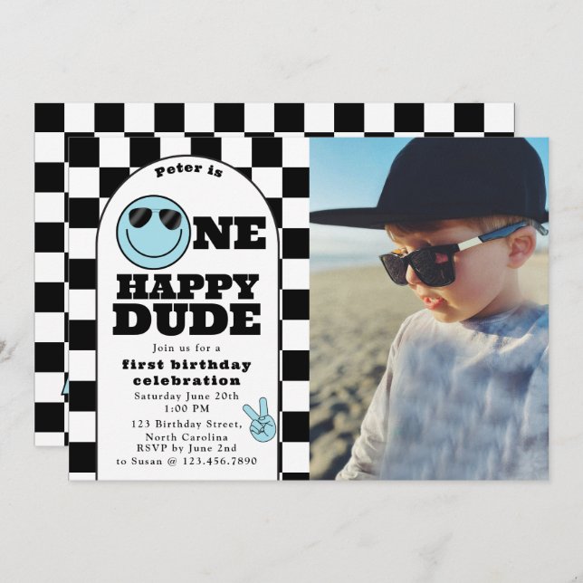 Convite One Happy Dude Invite 1st First Birthday Boy Photo (Frente/Verso)