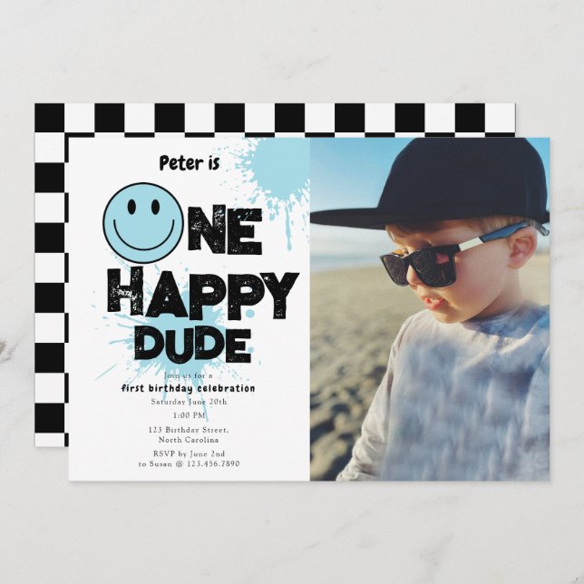Convite One Happy Dude Invite 1st First Birthday Boy Photo (Frente/Verso)