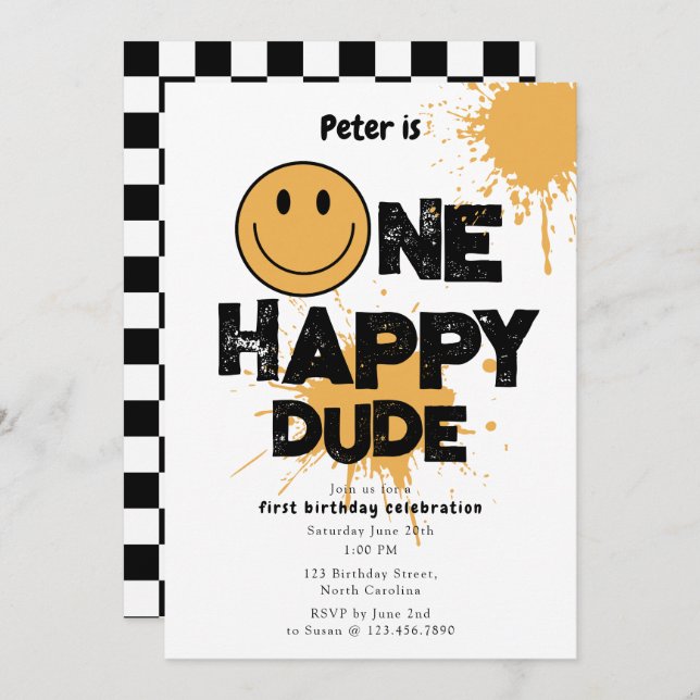 Convite One Happy Dude Invite 1st First Birthday Cute Boy (Frente/Verso)
