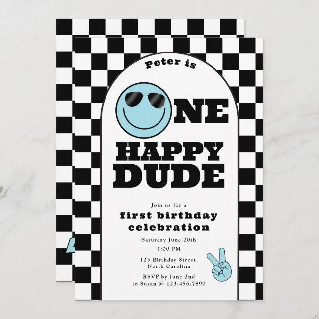 Convite One Happy Dude Invite 1st First Birthday Cute Boy (Frente/Verso)