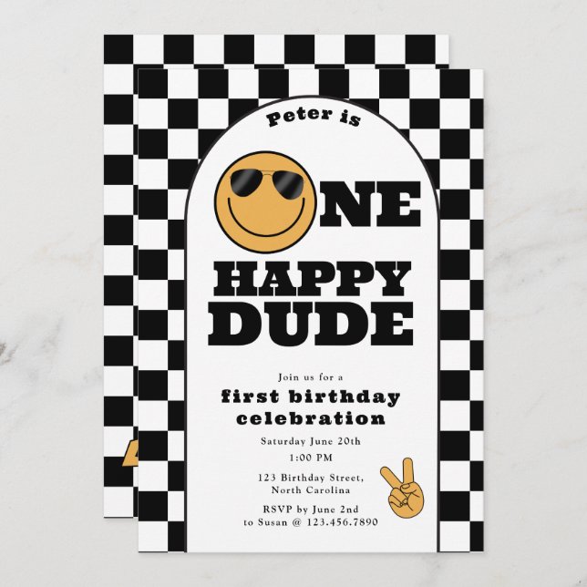 Convite One Happy Dude Invite 1st First Birthday Cute Boy (Frente/Verso)