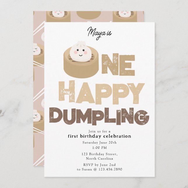 Convite One Happy Dumpling Invite 1st  First Birthday Cute (Frente/Verso)