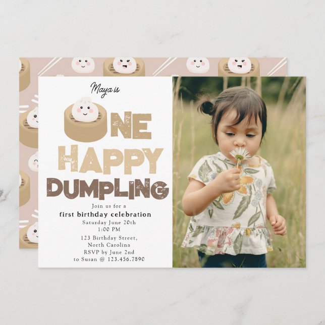 Convite One Happy Dumpling Invite 1st First Birthday Photo (Frente/Verso)
