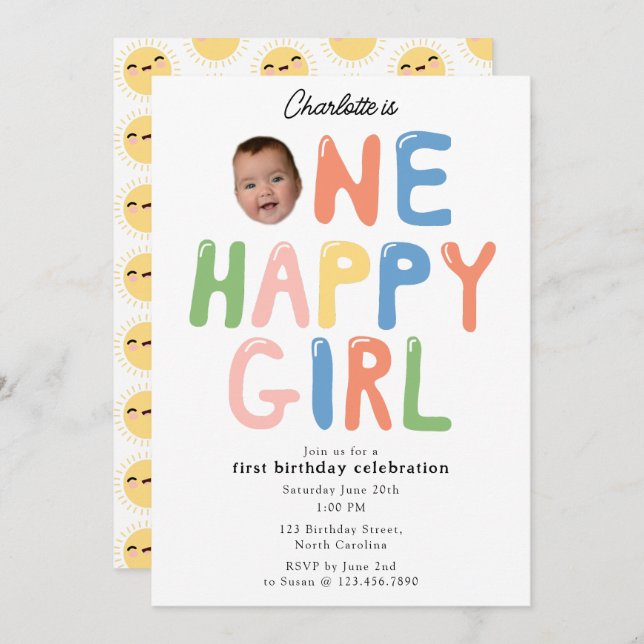 Convite One Happy Girl Birthday Invite 1st Birthday Photo (Frente/Verso)