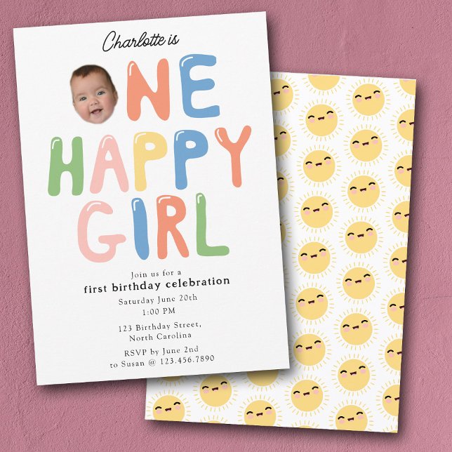 Convite One Happy Girl Birthday Invite 1st Birthday Photo (One Happy Girl Birthday Invite 1st Birthday Photo)