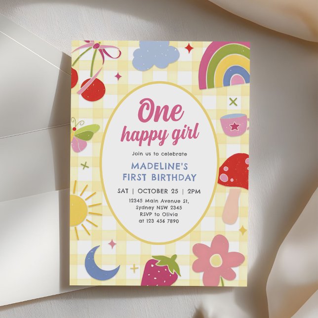 Convite One Happy Girl Retro Hand Drawn 1st Birthday (Criador carregado)