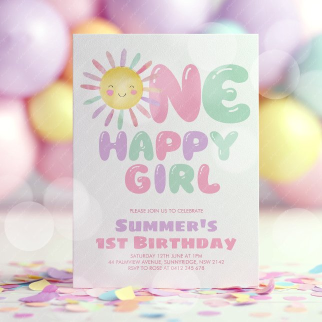 Convite One Happy Girl Sun 1st Birthday Pink Green (One Happy Girl! Girl's sun 1st birthday invitation in pink, green, purple. )
