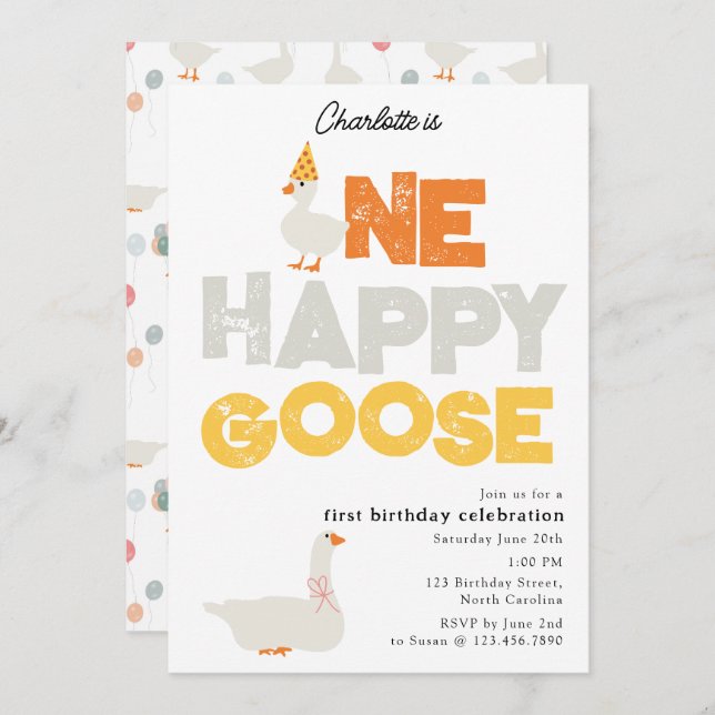 Convite One Happy Goose Invite 1st  First Birthday Cute (Frente/Verso)