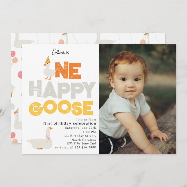 Convite One Happy Goose Invite 1st  First Birthday Photo (Frente/Verso)