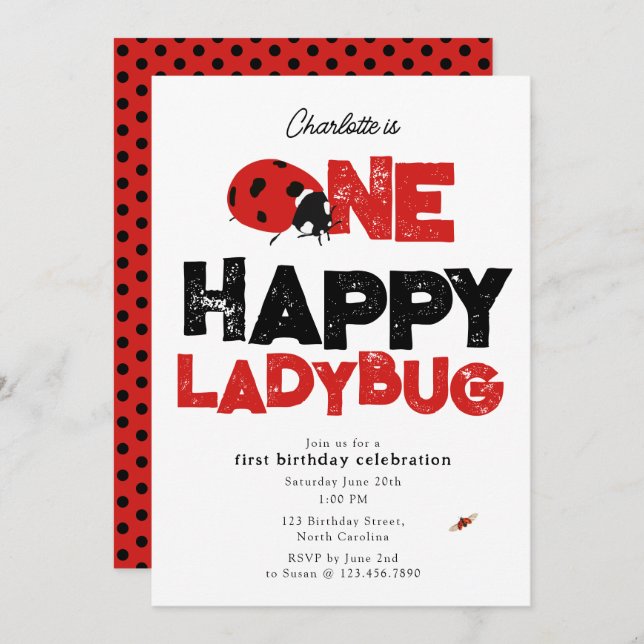 Convite One Happy Ladybug Invite 1st First Birthday Cute (Frente/Verso)