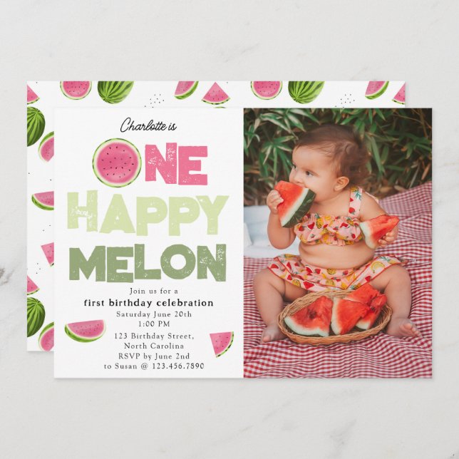 Convite One Happy Melon 1st Summer Birthday Photo (Frente/Verso)