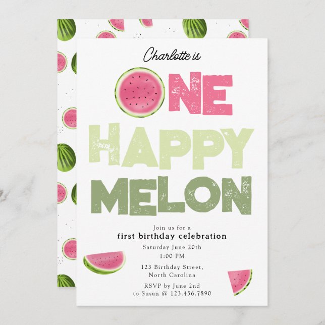Convite One Happy Melon Invite 1st Summer Birthday (Frente/Verso)