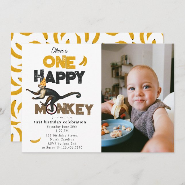 Convite One Happy Monkey Cute 1st First Birthday Photo (Frente/Verso)