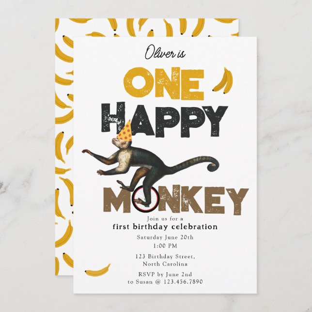 Convite One Happy Monkey Cute Invite 1st First Birthday (Frente/Verso)