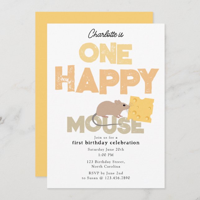 Convite One Happy Mouse Invite 1st Cute Birthday (Frente/Verso)