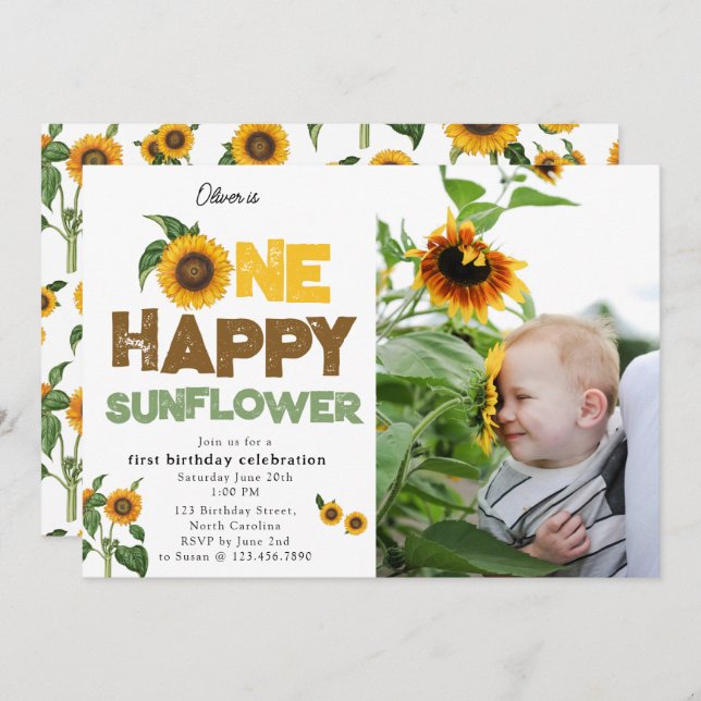 Convite One Happy Sunflower 1st Summer Birthday Photo (Frente/Verso)