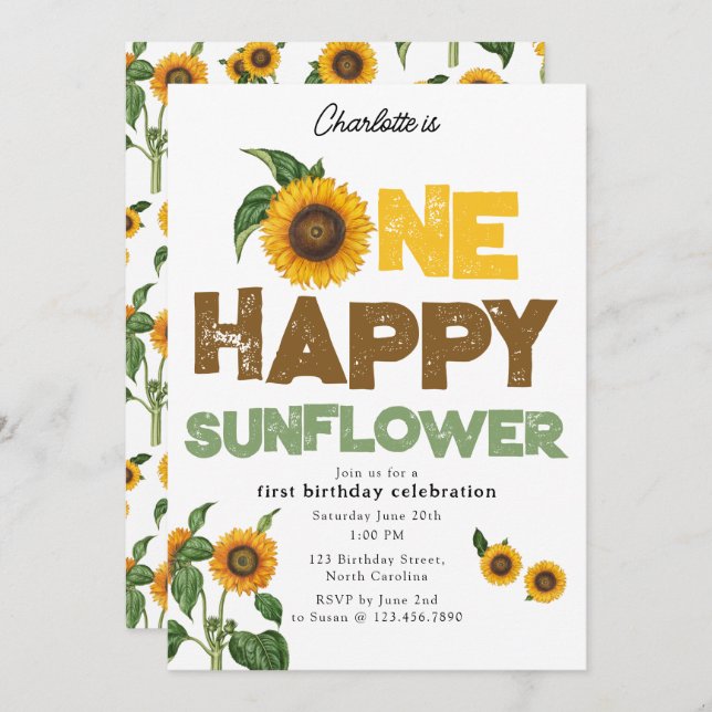 Convite One Happy Sunflower Invite 1st Summer Birthday (Frente/Verso)
