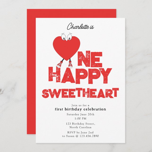 Convite One Happy Sweetheart Invite 1st Girl Birthday (Frente/Verso)