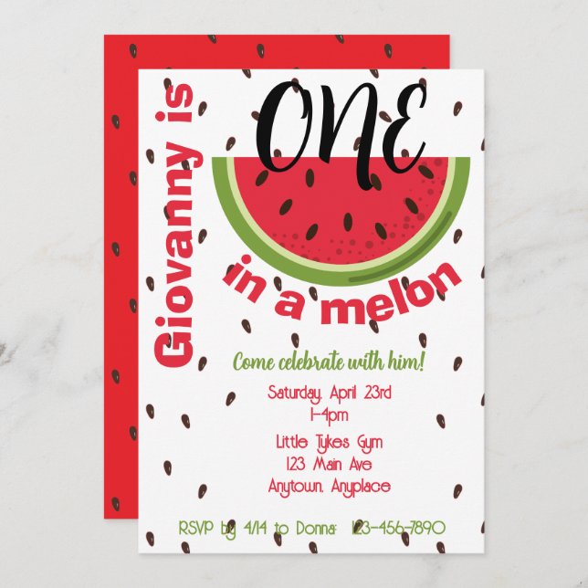 Convite One in a Melon 1st Birthday Party (Frente/Verso)