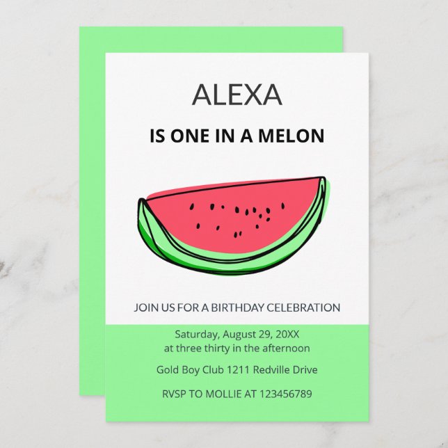 Convite One in a Melon 1st Birthday Watermelon Birthday (Frente/Verso)