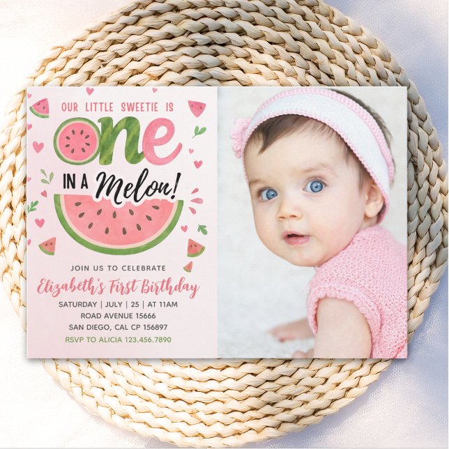 Convite One in a Melon! First Birthday Girl With photo (Criador carregado)