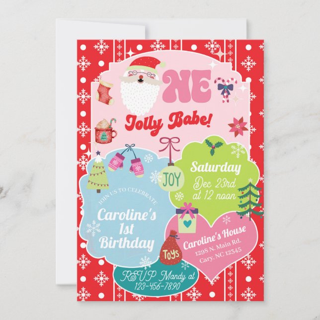 Convite One Jolly Babe girl Christmas 1st birthday invite. (Frente)